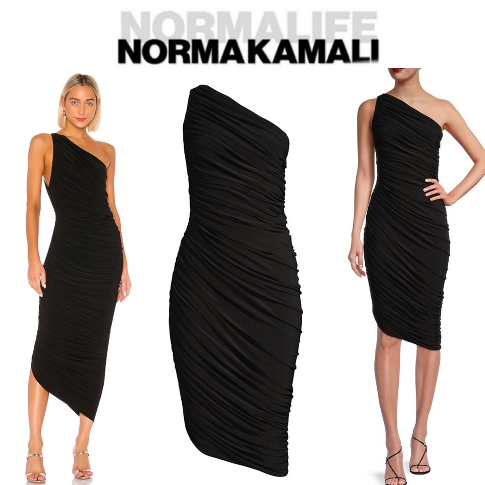 Norma Kamali One-Shoulder Black Ruched Midi Dress